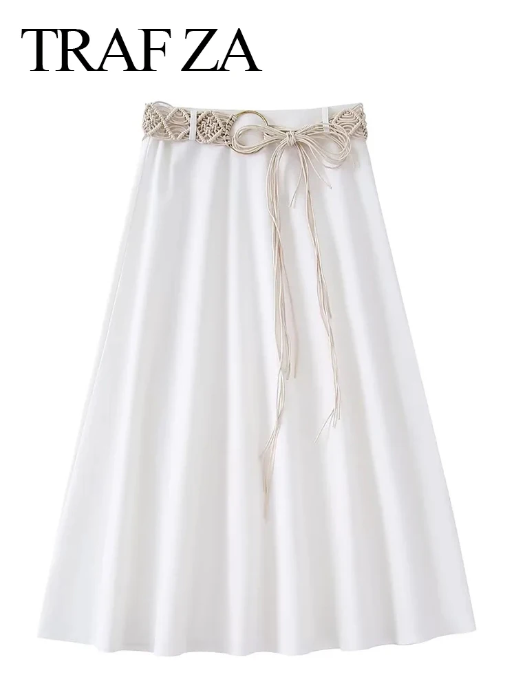 

TRAF ZA Elegant Solid White Simple Skirt Chic Belt Bow Slim Fit A-line Long Skirt Versatile And Stylish Commuter Everyday Wear