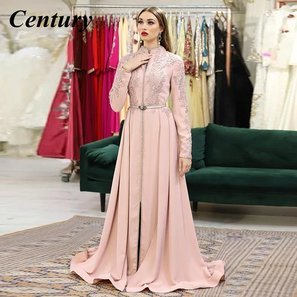 

Century Moroccan Caftan Satin Evening Dresses Dusty Rose Formal Long Sleeve Prom Party Gowns Elegant Appliued Celebrity Dress