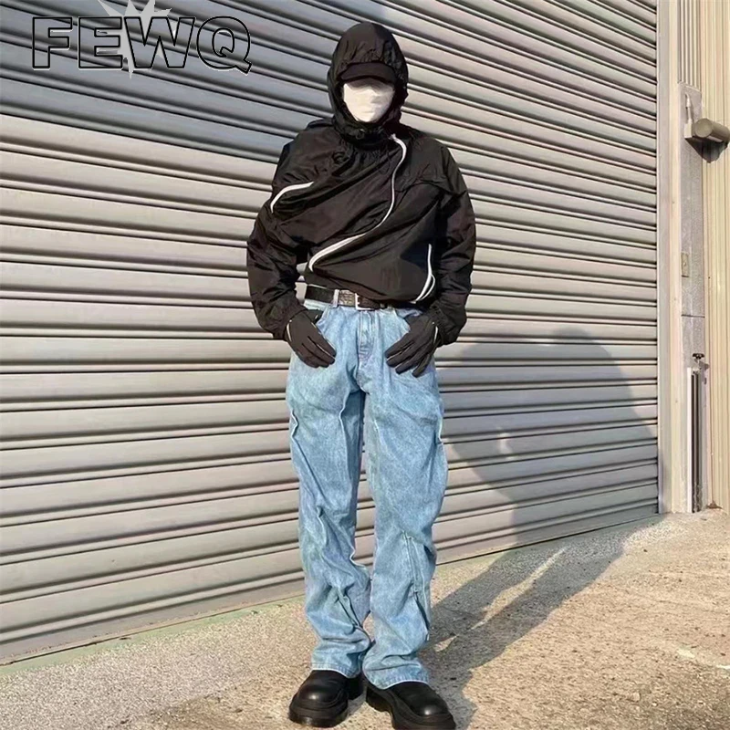 

FEWQ High Street Men's Jeans Pleated Solid Color Personalized Casual Straight Vintege Denim Trousers 2023 Spring Tide New 24B891