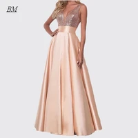bm 2022 v neck rose gold prom dresses a line satin party gown christmas robes de cocktail formal evening gowns