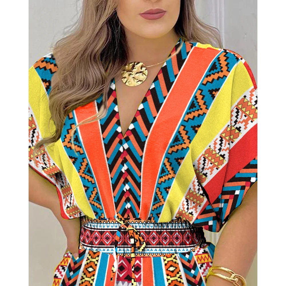 Summer Women Aztec Geometric Print Batwing Sleeve Romper Shirred V-Neck Short Sleeve Playsuit Casual Party Streetwear 2023