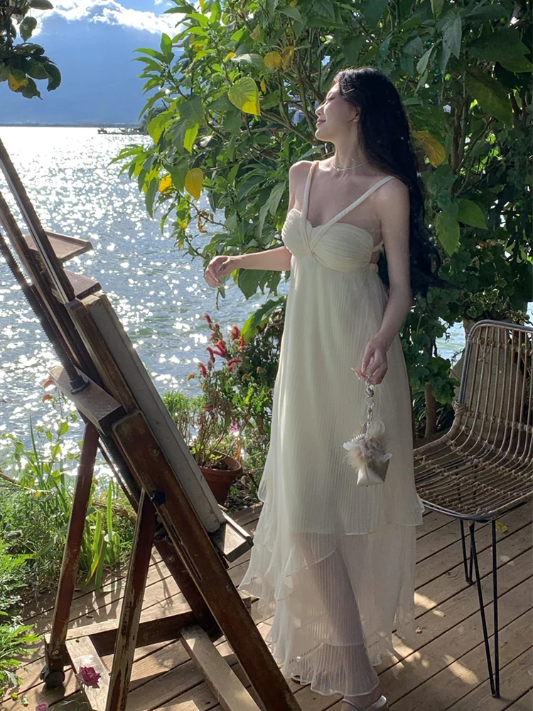 Женское платье-макси белое длинное платье в стиле ретро