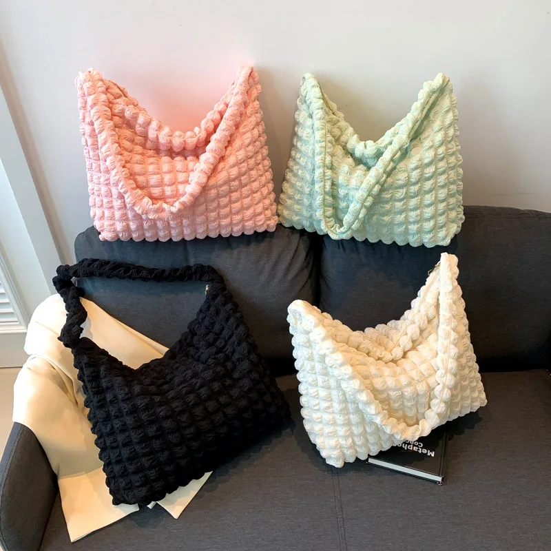 

Solid Color Girls' Fashiona Shoulder Bag Ble Cloud Puff Plaid Single Crossbody Bag Women's 2023 New Summer Canvas Simple Handbag