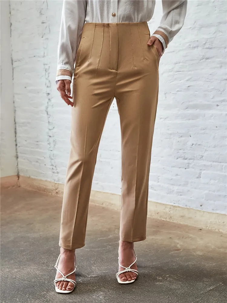 

Solid Elegant Slant Pockets Zipper Fly Carrot Pants Women Autumn Winter Casual High Waist Office Straight Pencil Pants