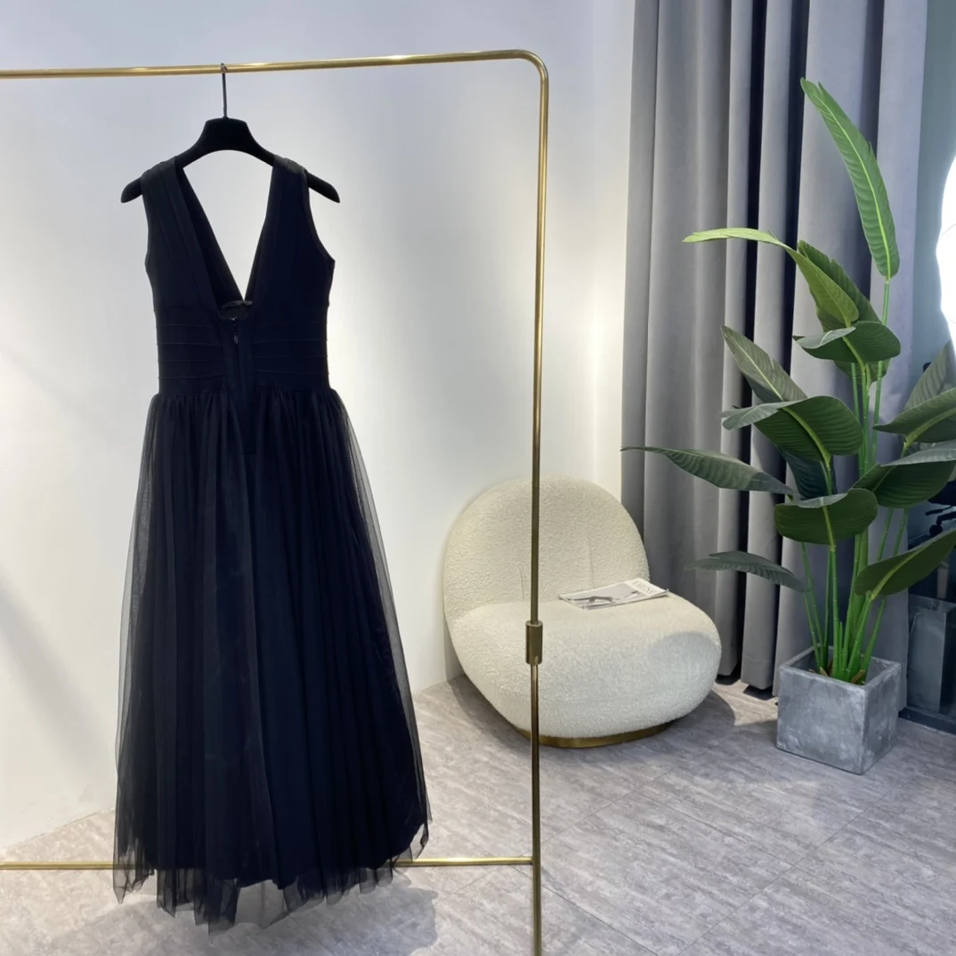 

Women Dress Runway Fashion Style 2022 Spring New Knitting Mesh Patchwork High Waist Elegant Vintage Black Backless Clothing