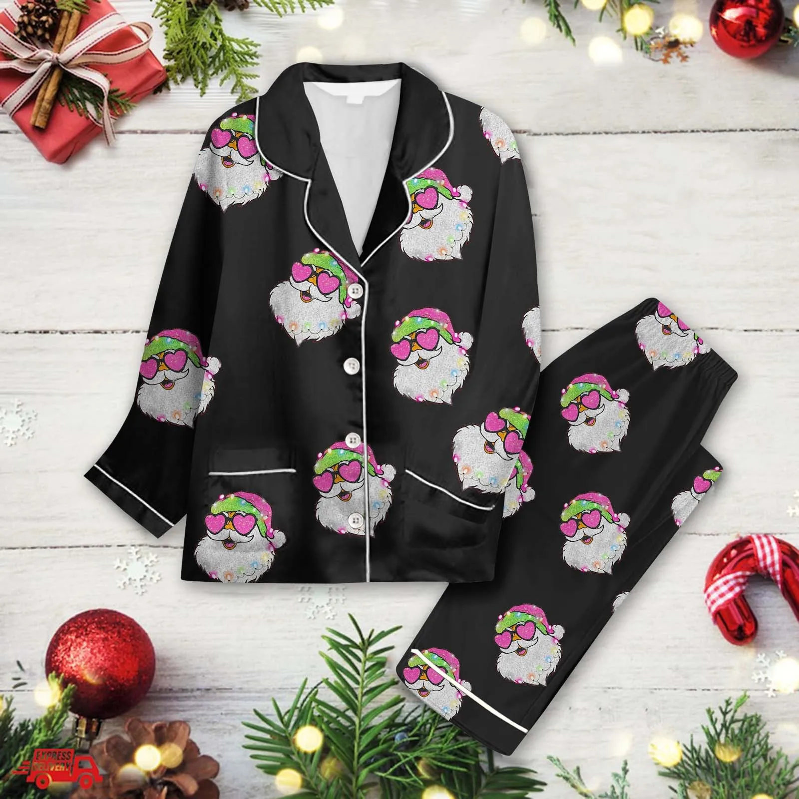 

Женский Рождественский пижамный комплект с длинными брюками с принтом Санты, длинным рукавом и воротником