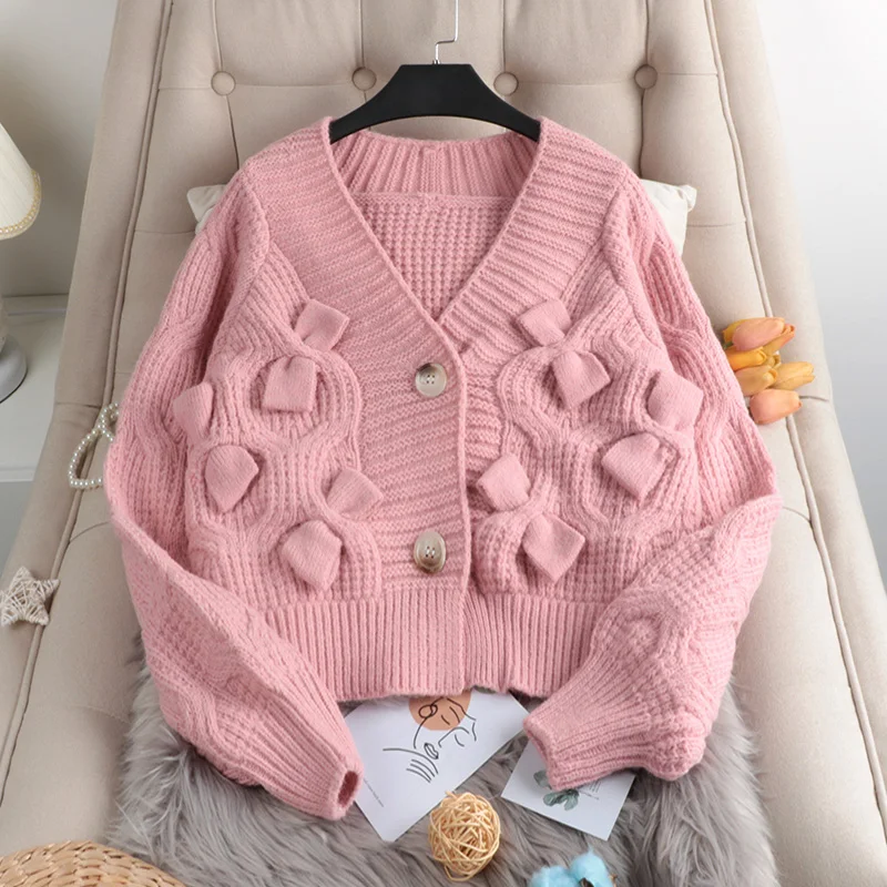 

sweet women 3D bow knot sweaters kawaii pink cardigans women cropped cardigan women long sleeve knit tops