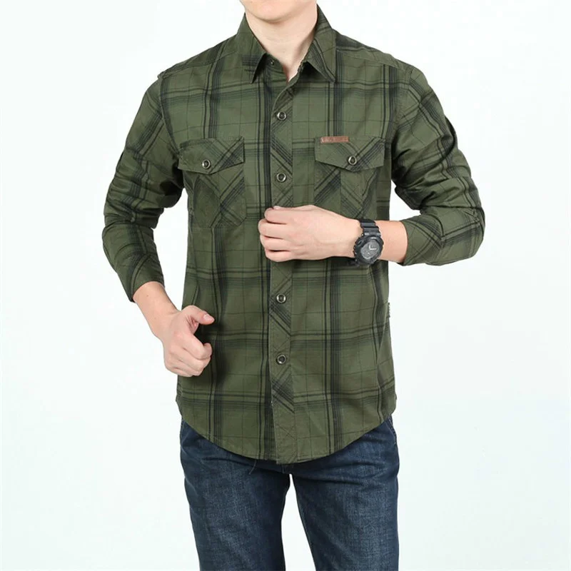 

Spring Summer Plaid Shirt Men 100% Cotton Long Sleeve Multi-pocket Casual Camisa Masculina Military Mens Shirts Chemise Homme