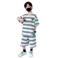 boys summer striped suit 2022 new fashion teenager clothes children korean casual loose short sleeved t shirtshorts 2pcs outfit