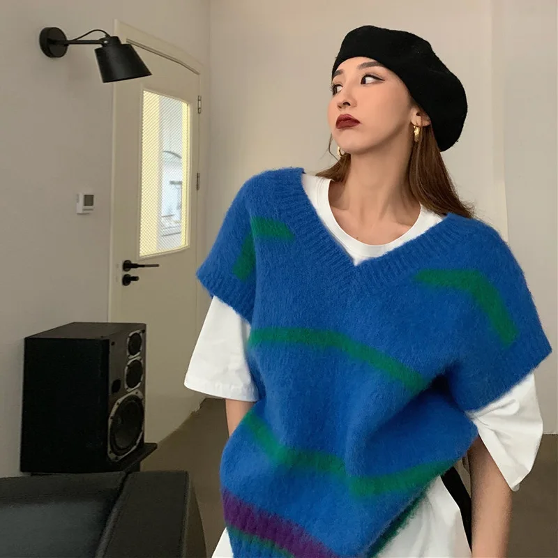 

Oversized Mohair Sweater Vest Women Indie Aesthetics Striped Harajuku Sweaters Vests New Spring Autumn Warm Loose Casual Vintage