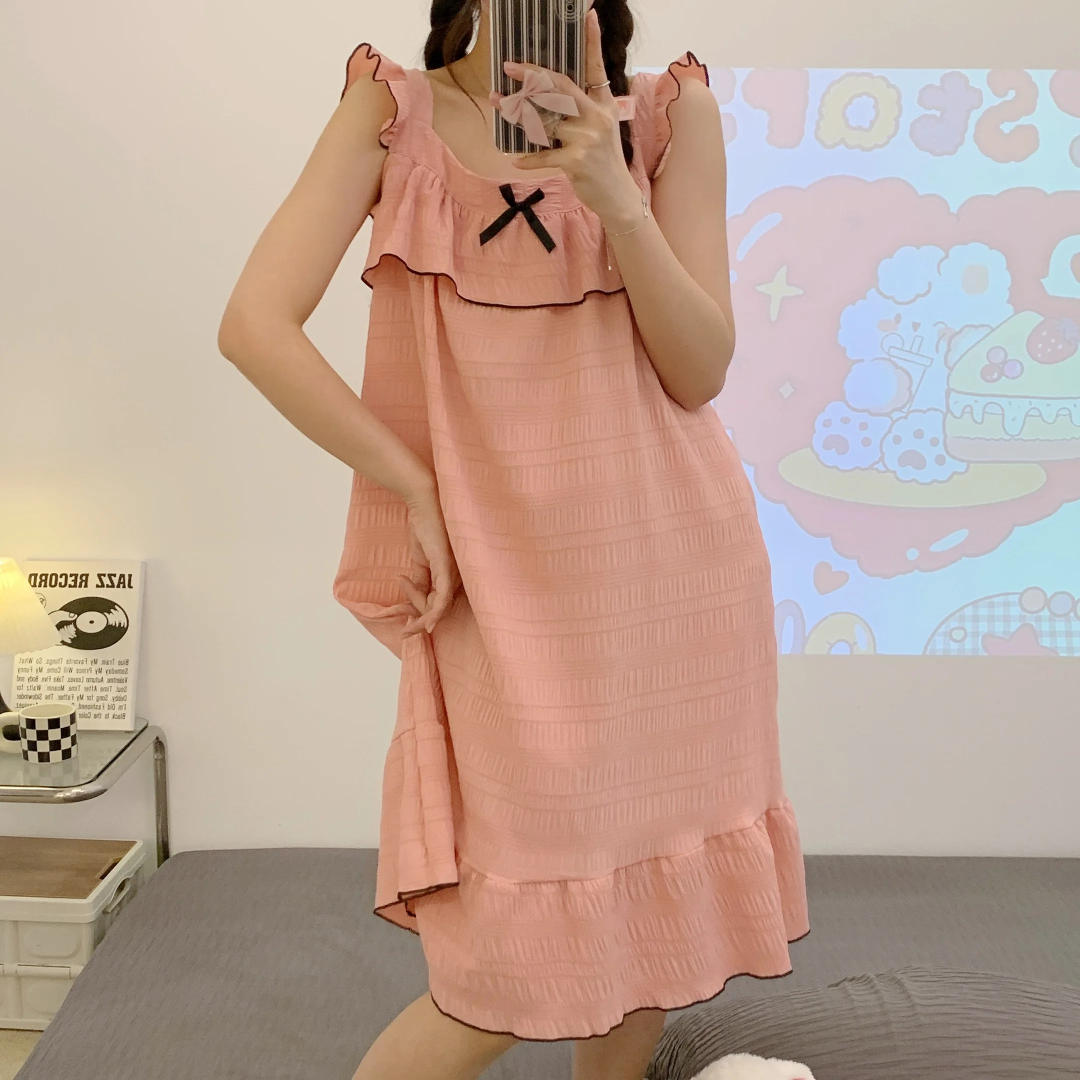 Pure Cotton Sleeveless Nightgown Soft Summer Nightgown Casual Girl Slip Strap Sleepshirts with Bow Plus Size 5XL Home Dress