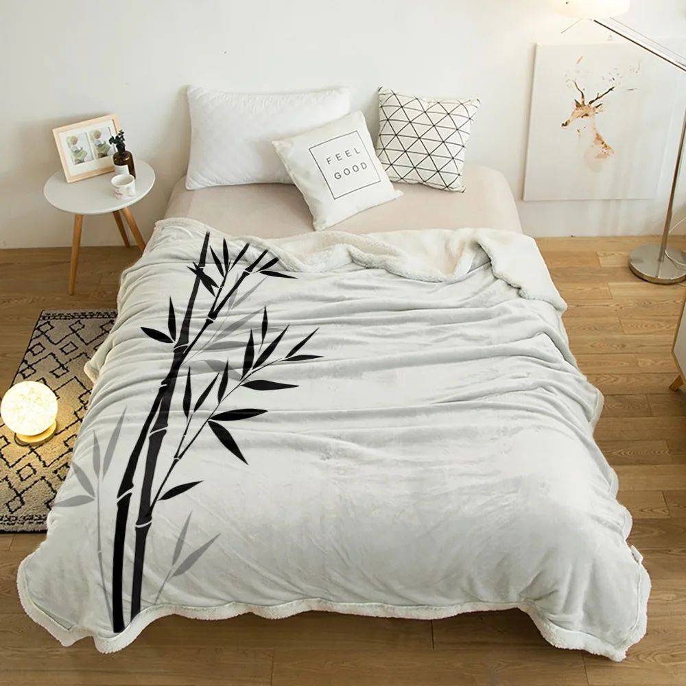 

Plant Black White Bamboo Chinese Style Lamb Cashmere Fleece Blanket Home Bed Sofa Winter Sherpa Bedding Kids Thick Bedspread