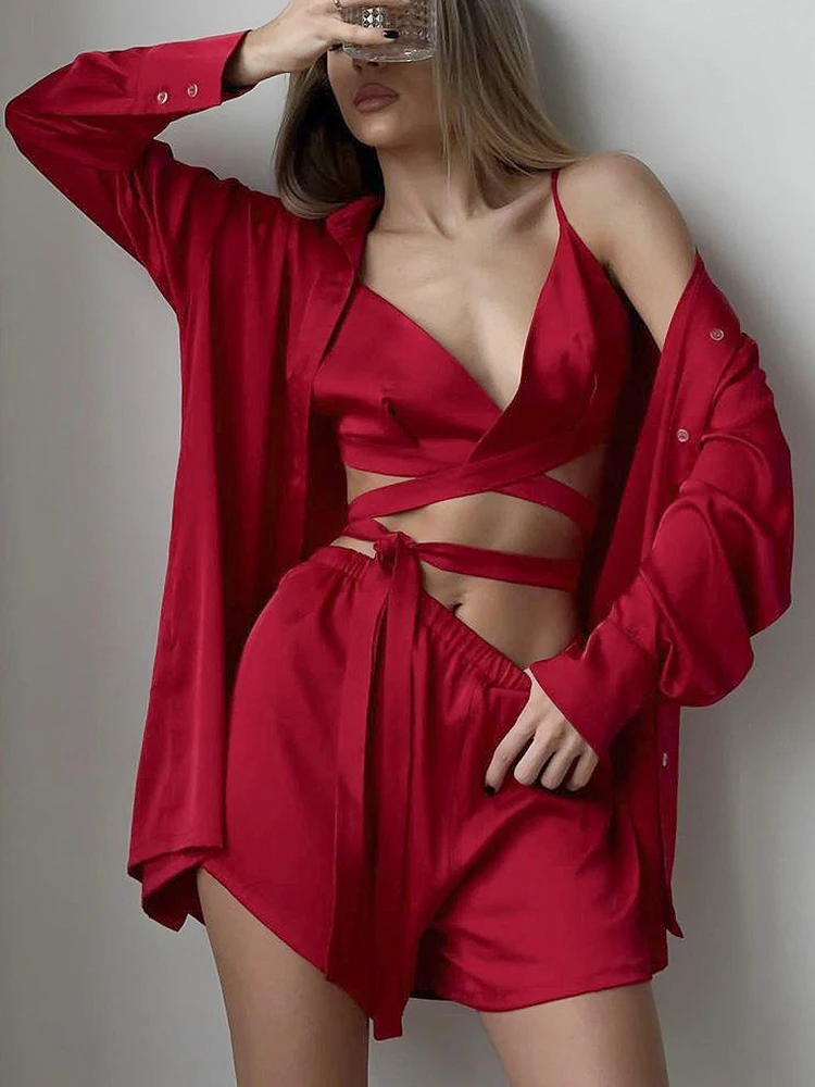 

Linad Red Pajamas For Women 3 Piece Sets Long Sleeve Sleepwear Female Casual Spaghetti Strap Bra Fashion Suits With Shorts
