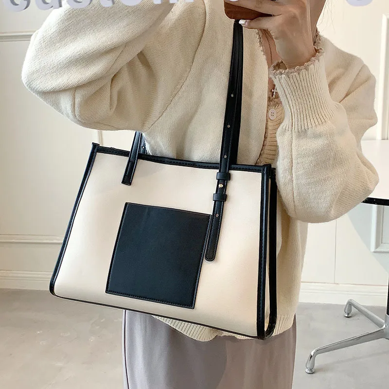 

Luxury Style Large Capacity Bag Women's 2022 Contrast Color Tote Bag Simple Canvas Shoulder Bag