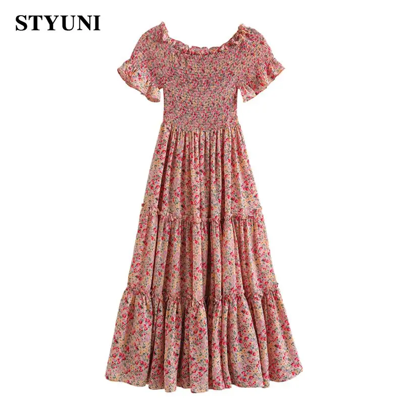 Женское шифоновое платье с цветочным принтом элегантное плиссированное до