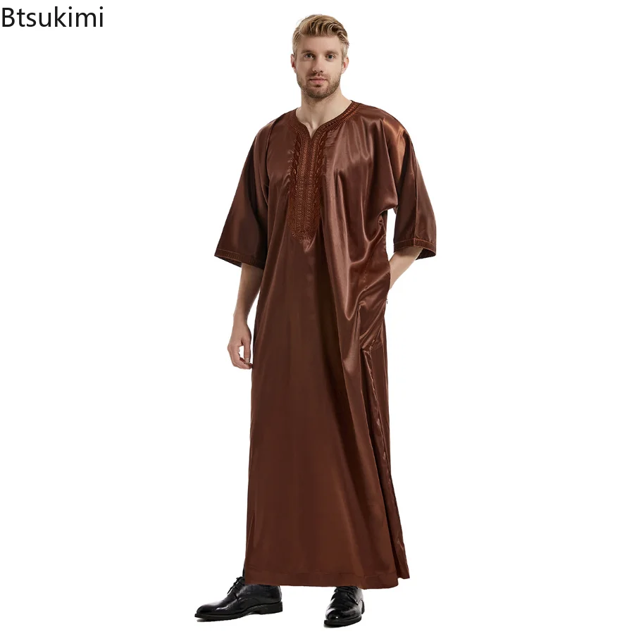 Muslim Fashion Men Kaftan Robe Satin Embroidery Jubba Thobe Arab Saudi Eid Ramadan Turkish Islamic Abaya National Loose Abayas