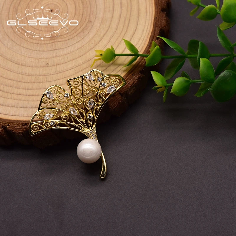

GLSEEVO Original Natural Freshwater White Baroque Pearl Brooch For Woman Designer Handmade Ginkgo Leaf Retro Jewelry GO0368B