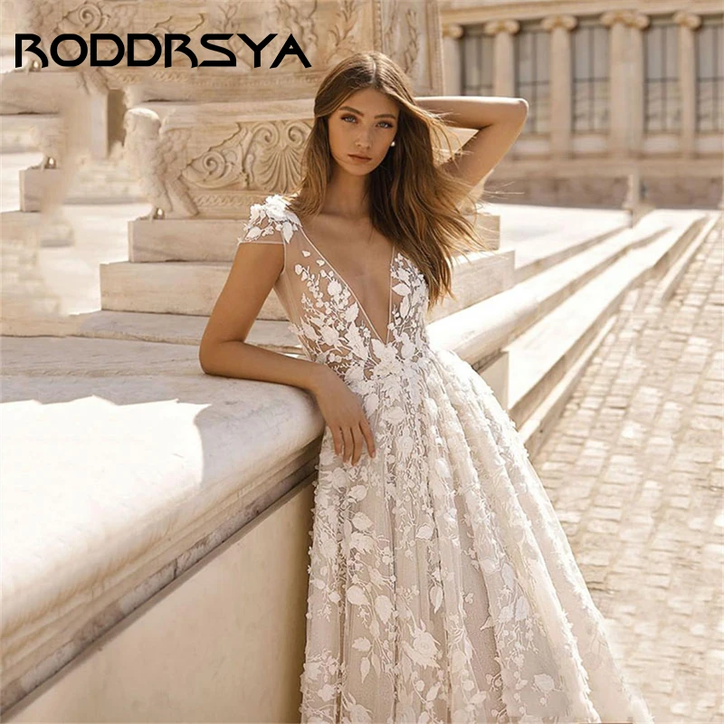 

RODDRSYA Sexy Deep V-Neck Backless Wedding Dress Elegant Cap Sleeve A-line Bride Party Romantic Tulle Applique Robe De Mariée