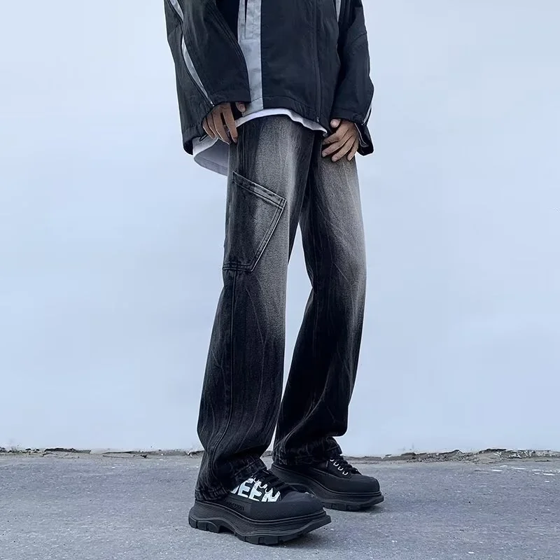 DEEPTOWN Designer Hip Hop Cargo Denim Pants Men Vintage Gothic Straight Jeans Loose Casual Trousers Male Streetwear Fashion