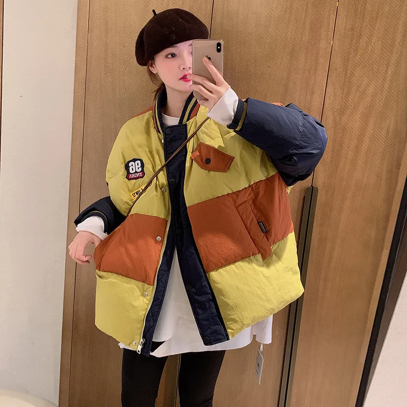 Women's Casual Contrast Thickened Coats Down Jacket Winter Korean Solid Color INS Thermal Jacket Baseball Fashion Puffer Jacket