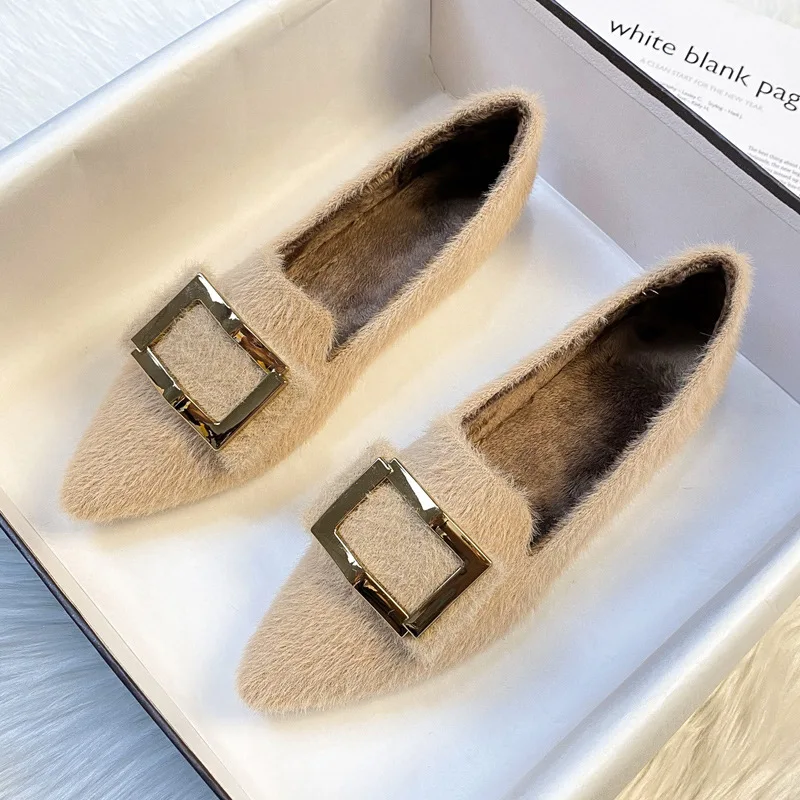 Plus Size 35- 42 43 Women Faux Fur Flats pointed toe Buckle Winter Warm Pumps Plush Lining Lady Loafers Female Shoes A88-20
