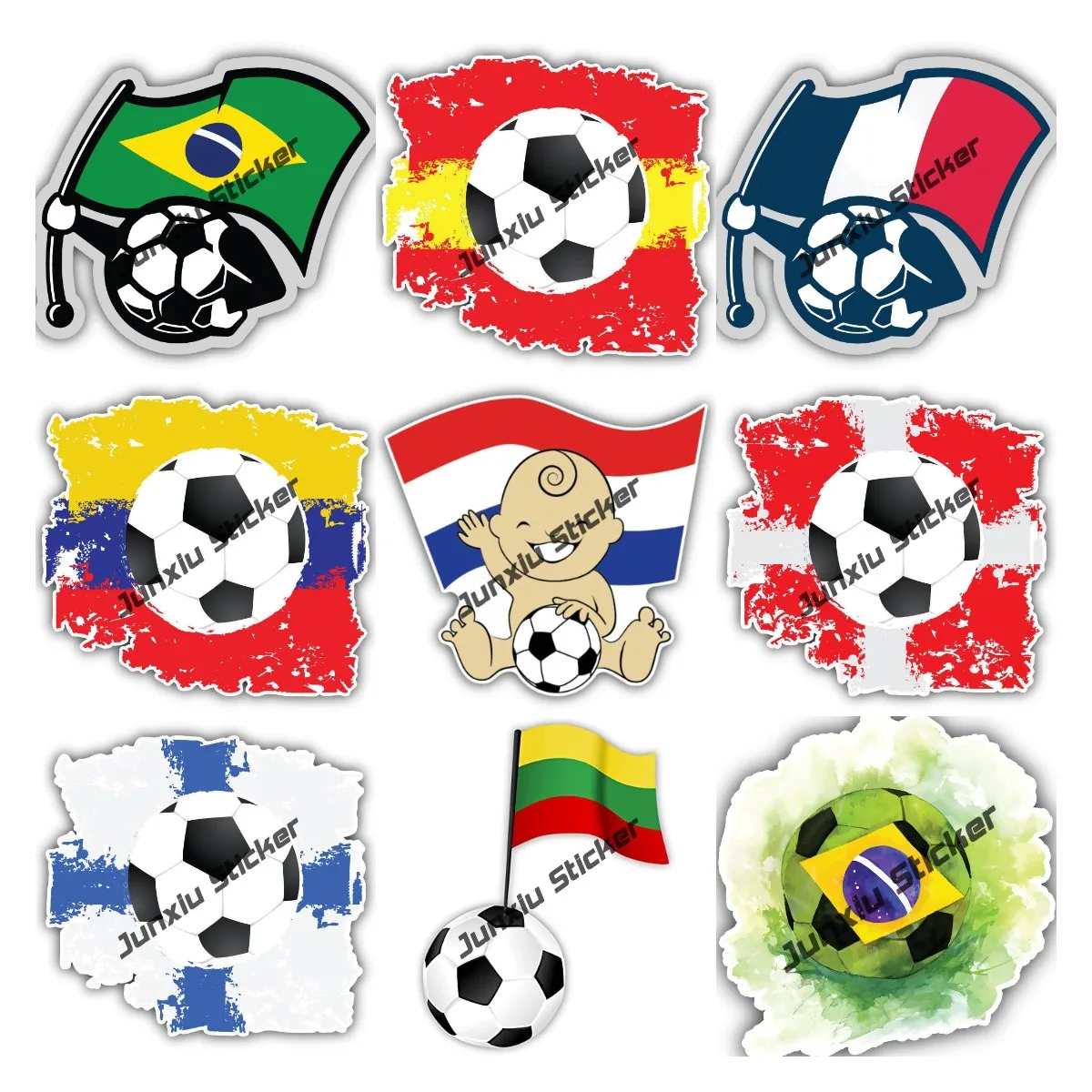 

Мультяшный футбольный мяч с французским флагом, автомобильная наклейка, Дания, Испания, Финляндия, карта флага, футбольные наклейки для автомобилей, кемпера, бампера, грузовика