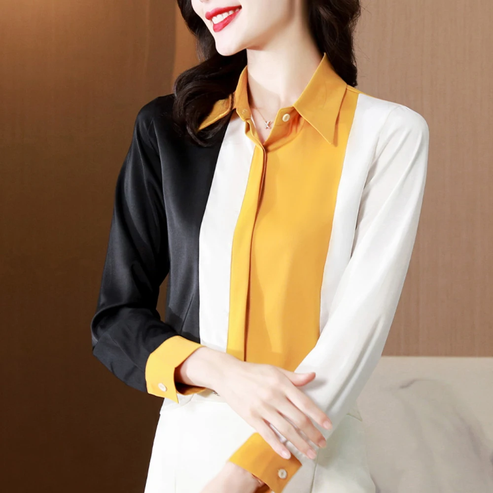 

Korean Fashion Vintage Patchwork Striped Satin Women's Blouses Shirts Office Lady Formal Tops 2022 Female Casual Clothing