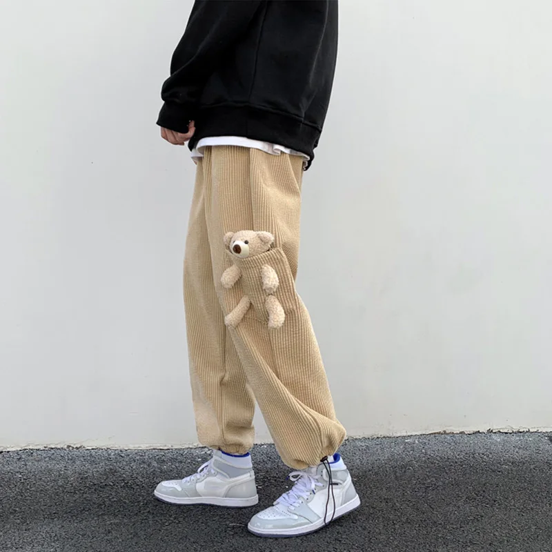 

Loose Corduroy Bear Guard Pants Men Spring Autumn Casual Trousers Male Ins Hong Kong Wind All-match Streetwear Fashion Bottoms