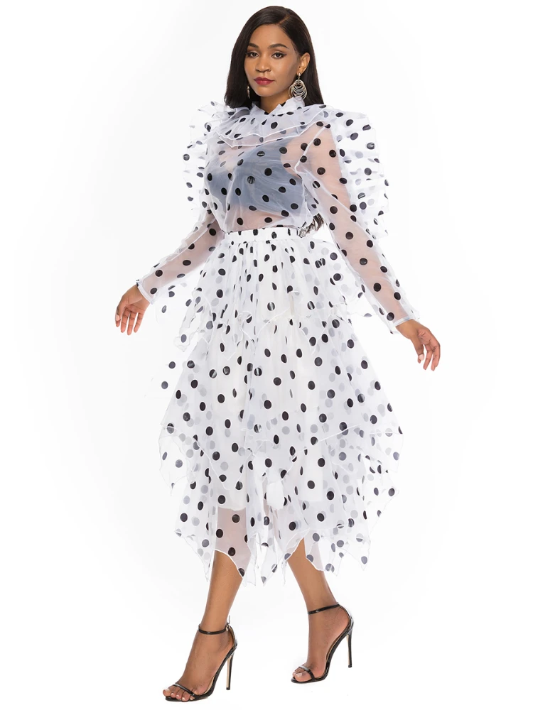 

Women Blouse Skirts 2 Pieces Set Polka Dot Suits Ruffle Thin Transparent Shirts Elegant Tutu Jupes Cute Fashion Summer Big Size