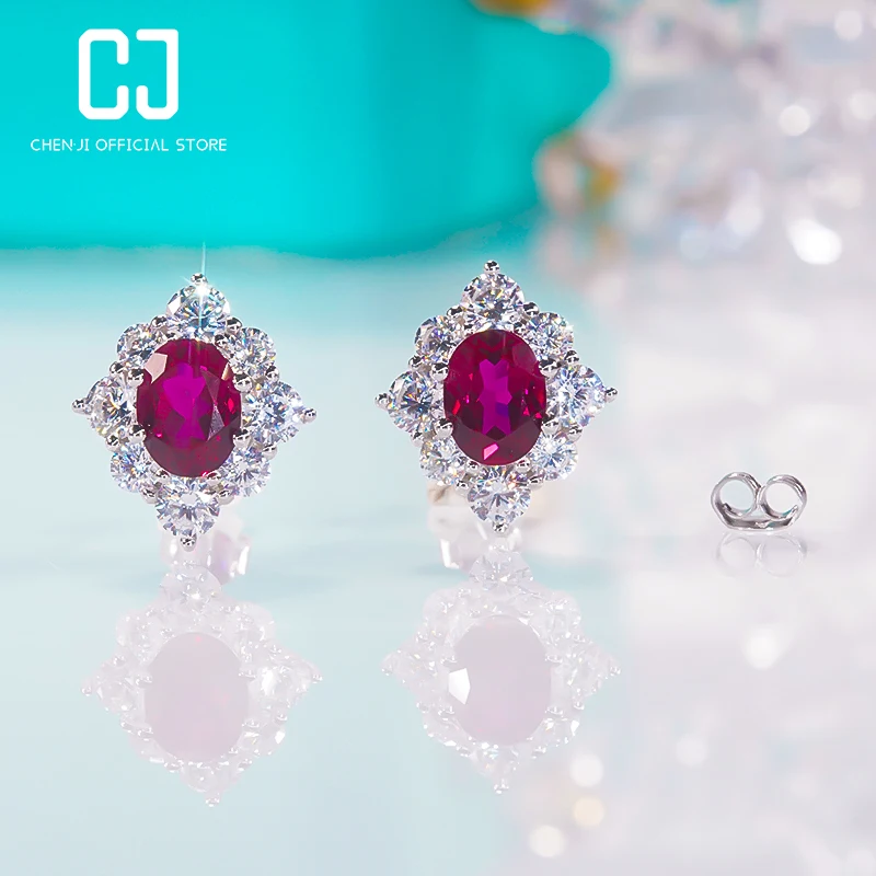 

CHENJI S925 Silver Pigeon Blood Ruby Earrings Female Superior Feeling Light Luxury Oval Compact Classic Luxury Exquisite