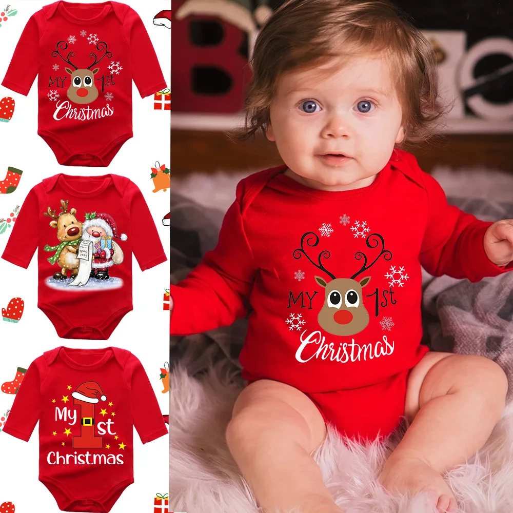 

2023 Infant Newborn My First Christmas Rompers Baby Boys Girls Bodysuit Born Crawling Long Sleeve Jumpsuits Festival Party Gifts