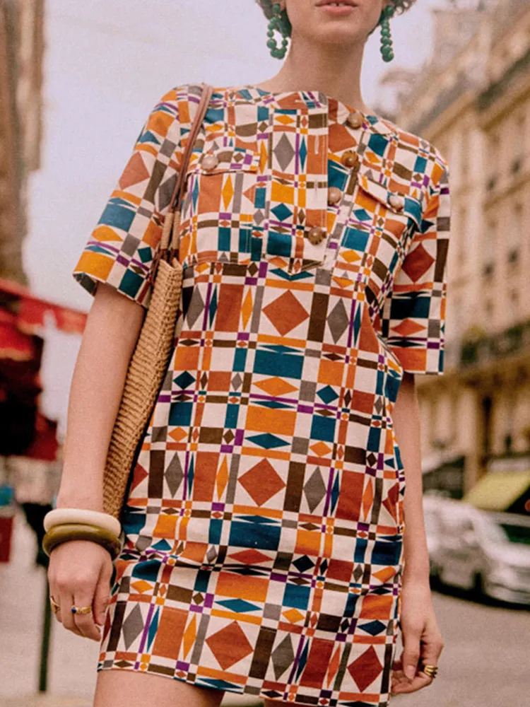 Women Mini Dress Geometric Print Straight Short-sleeved O-neck Patchwork Robe Vintage Summer