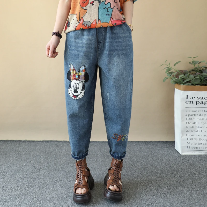 New Cartoon Paste Cloth Embroidery Cropped New Jeans Women's Loose One Size Curling Cropped Harlan Summer Baggy Pants Streetwear