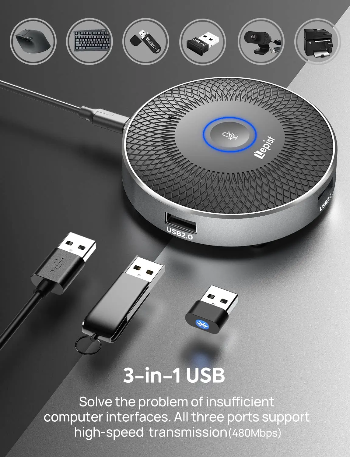 Фото Микрофон для конференций, портативный, 3 в 1, USB, всенаправленный, 360 °, для настольного компьютера, ноутбука, планшета, совещаний, микрофона в ... №5