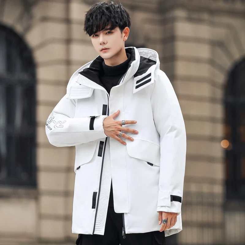 white eiderdown men handsome, fashionable, comfortable, long hooded down jacket simple, fashionable and versatile down windbre