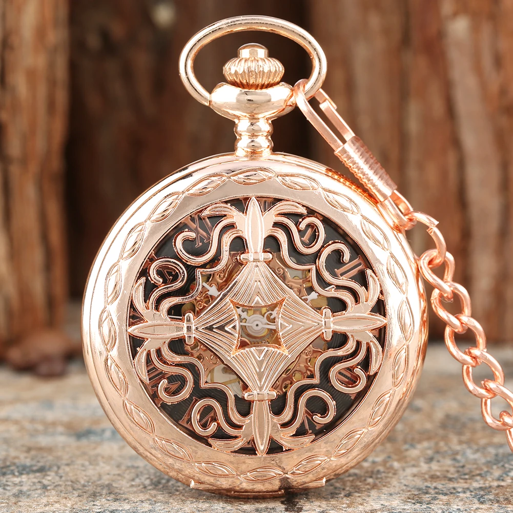 Trendy Rose Gold Manual Mechanical Pocket Chinese Knot Hollow Pattern Hand Winding Pocket Timepiece Vintage Fob Chain Man Clock