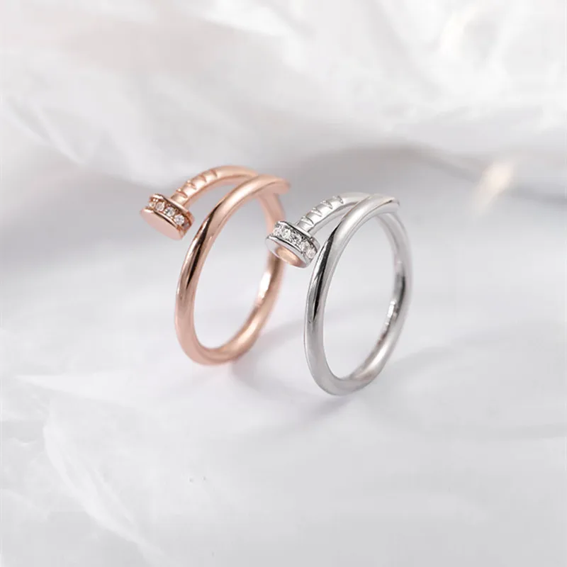 

100% Solid 925 Sterling Silver Inlaid Zircon Nail-Shape Rings Resizable Size Classic Trend Women Men Fine Jewel