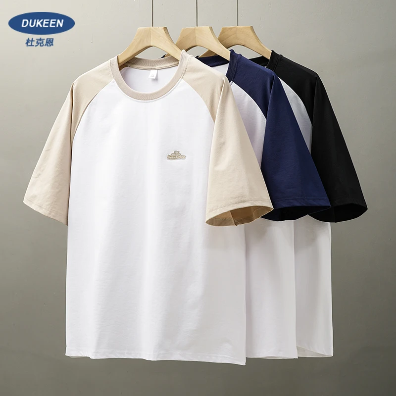 

DUKEEN Shoulder Sleeve Silhouette T-Shirt Summer Couples Tops High Street Collision Color Round Neck Splicing Short Sleeve