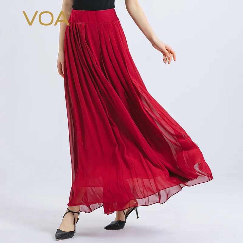 

VOA шелковые жоржет красные женские юбки средней талии плиссированные возрастные двухслойные элегантные юбки Феи Faldas юбка женская CE157
