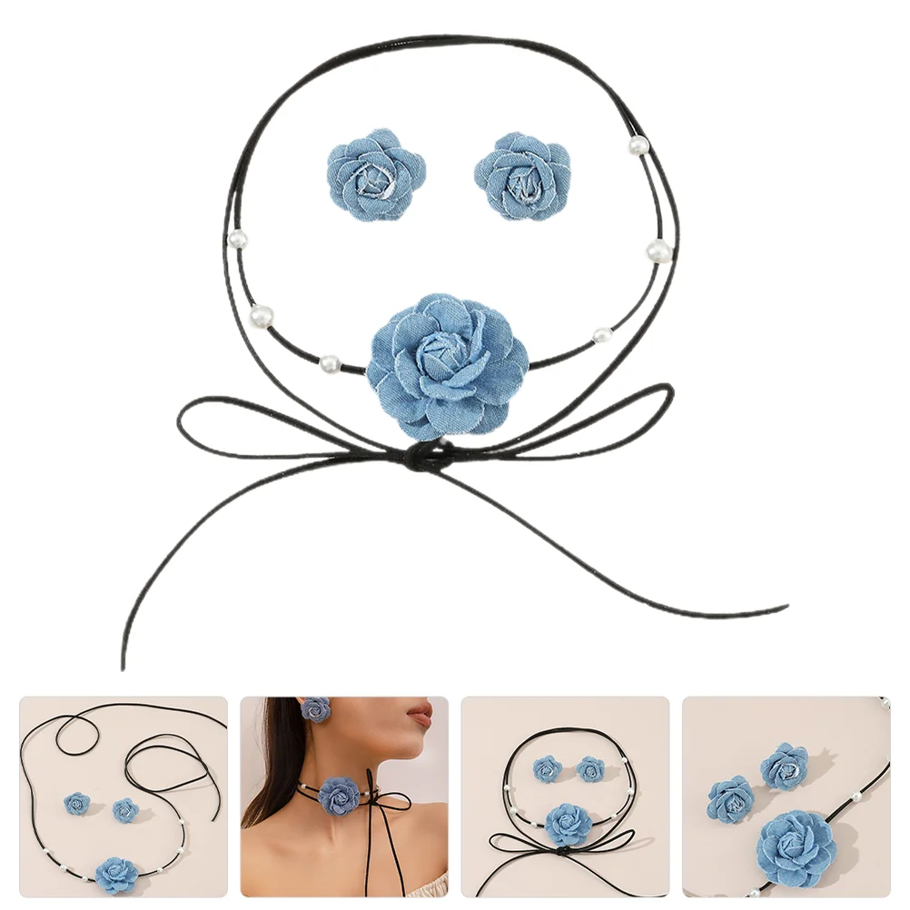 

1 Set Camellia Flower Necklace Flower Earrings Set Decorative Clavicle Chain Floral Earrings
