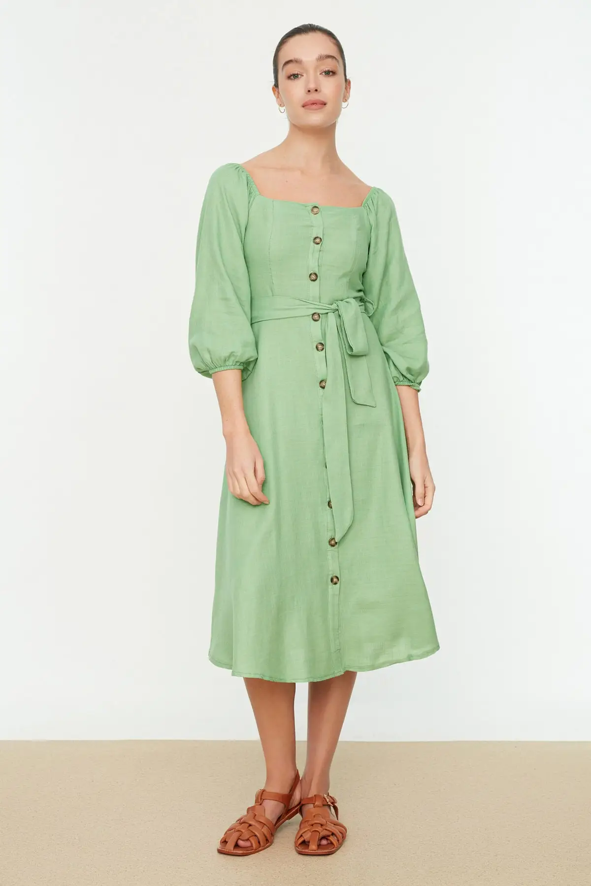 

Green Belted Button Dress TWOSS19IE0009 Cool Comfort Flat Regular Carmen Neck Midi Woven 3/4 sleeve