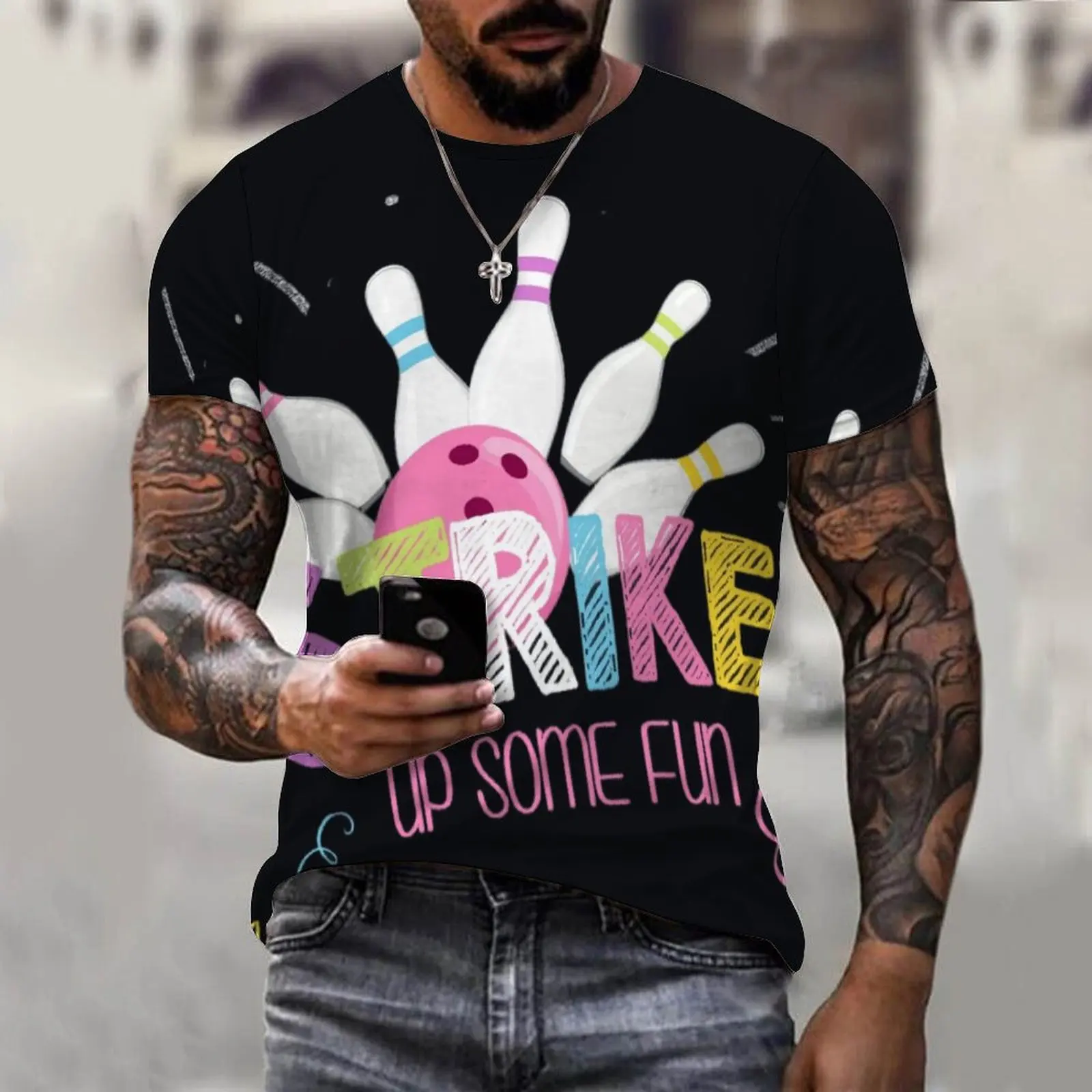 

2023 moda esportes boliche grágráficos t-camisa impressa casual em torno do pescoolo манга curta hip hop engrazado homem roupas