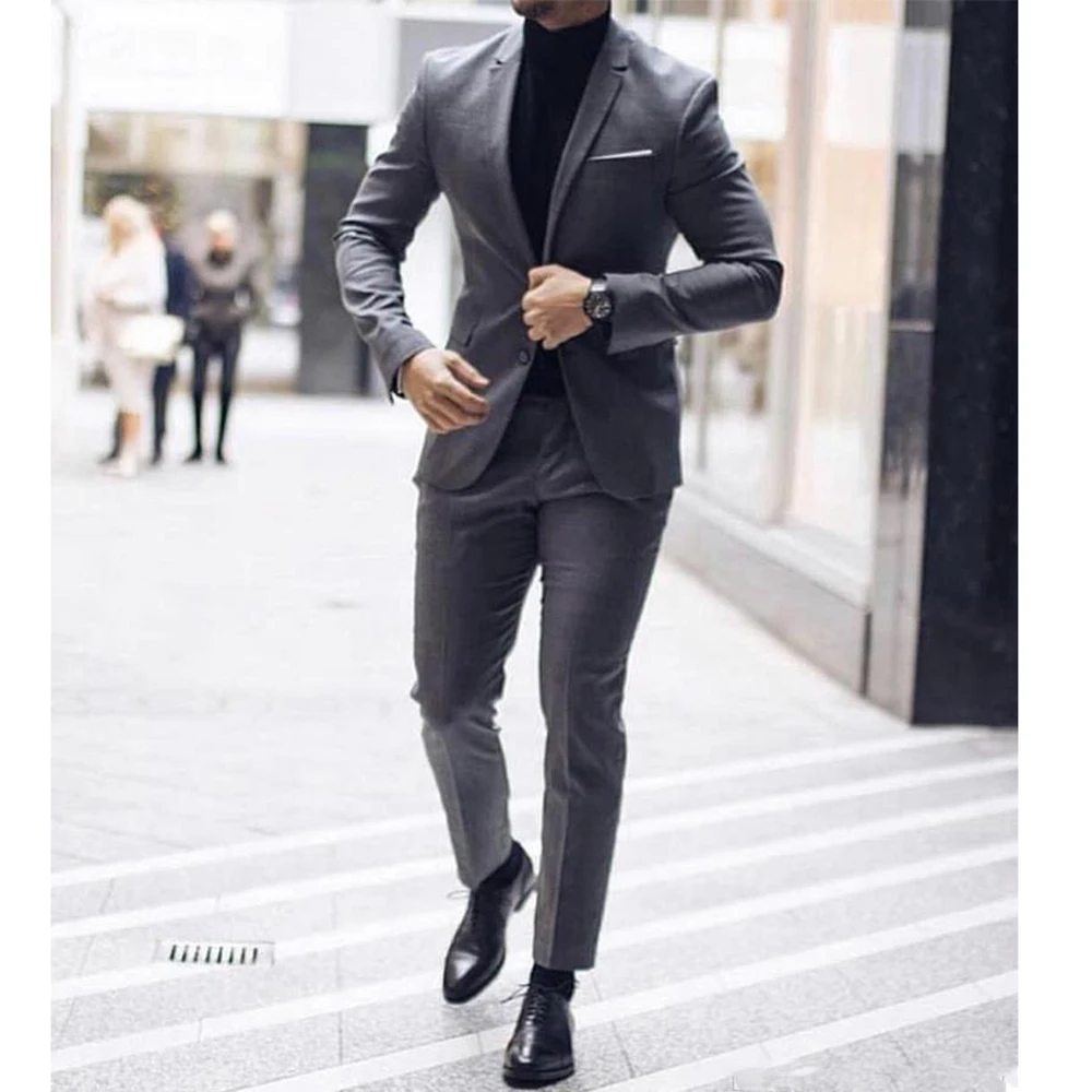 

New Classy Gray Wedding Tuxedos Notch Lapel Two Button Mens Suits Slim Fit Prom Best Man Groomsmen Blazer Pants Terno Masculino