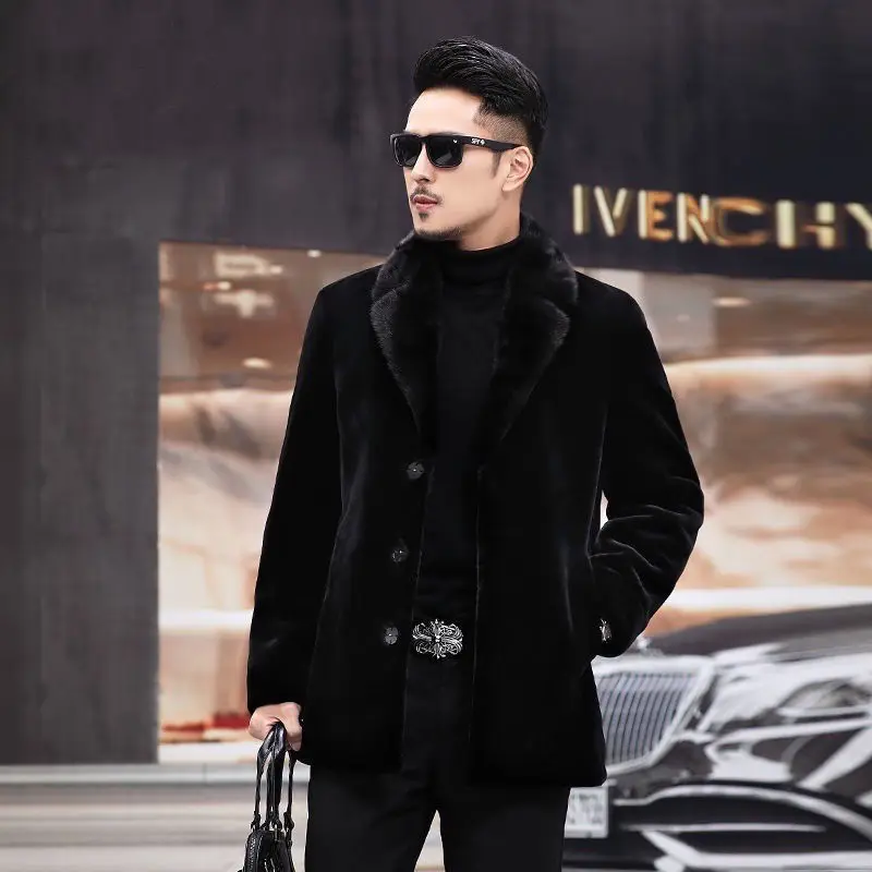 Winter Mink Coat Men's Lapel Gold Mink Down Haining Leather Mid Length Down Jacket Middle Aged Thick Coat