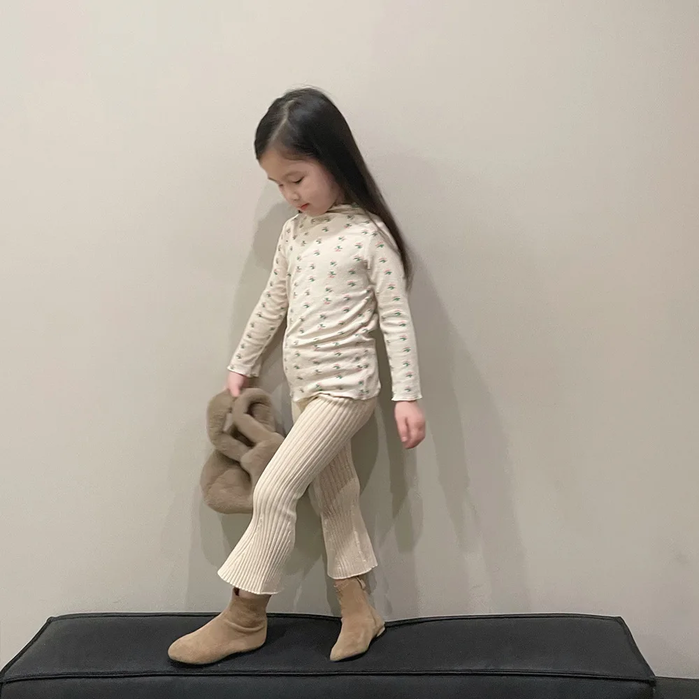 RiniLucia Girls Floral Bottoming Shirt All-match Korean Version O-neck Long Sleeve Ruffle T-shirt Autumn New BlouseTops