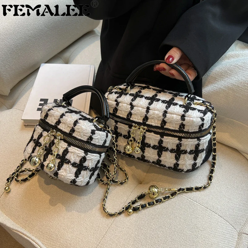 

FEMALEE Knitting Chains Purse Luxury Small Woven Handbags Tweed Women Box Hand Bags Woolen Zipper Women Shoulder Messenger Bags