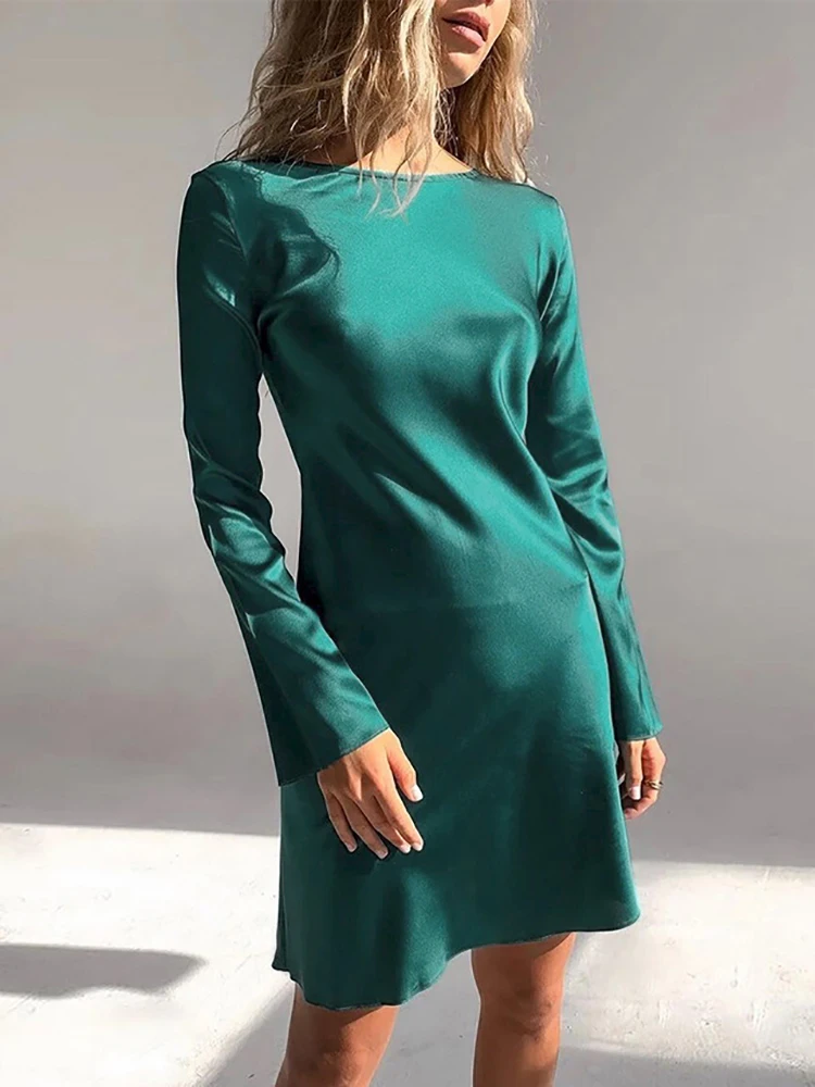 

2023 New Women's Satin Silk Dress Elegant Long Sleeve Knee Length Evening Party Dresses O Neck A Line Dress Fashion Summer Women