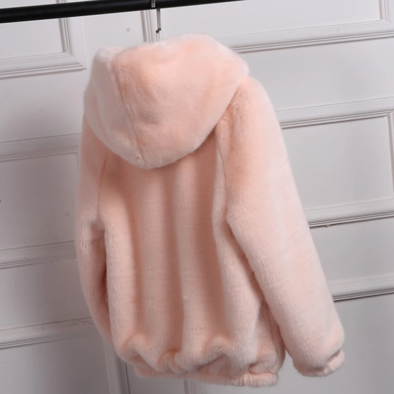 Winter Grass Mink Faux Fur Coat Lady Artificial Fur Hooded Soft 2021 Women's Jacket White Grey Pink Rabbit Imitation Fur Outcoat