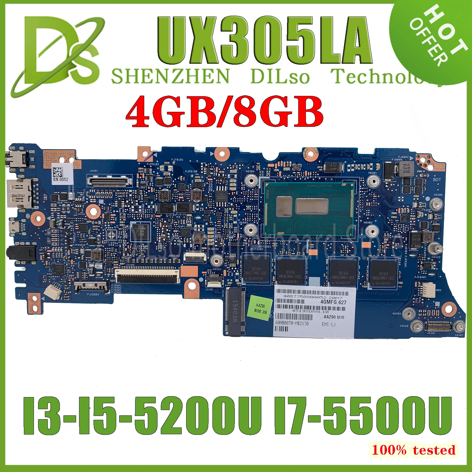 

KEFU UX305LA Mainboard suitable For Asus ZenBook UX305LA_MB UX305L UX305 Motherboard With I3 I5-5200U I7-5500U 4G/8G 100% Test