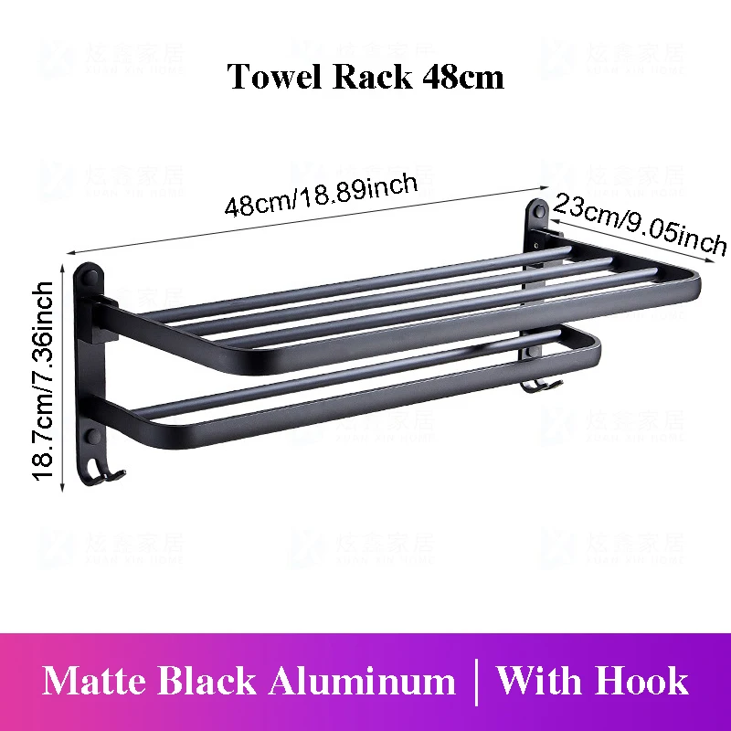 bathroom towel rack 40 60cm shower room holder wall mounted matte black aluminum folding storage shelf with hook accessories free global shipping